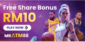 MRATM88 promotional graphic for the Share Bonus, offering a free RM10 credit when users share the platform on social media.