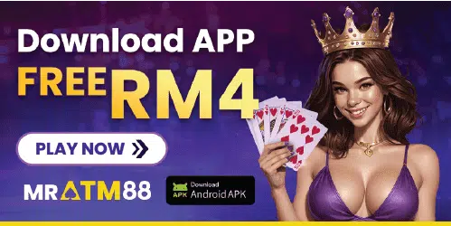 MRATM88 mobile app download banner prompting users to download now and claim a free RM4 credit to start playing.