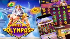 Promotional image for the MRATM88 "Gates of Olympus" slot game, featuring Zeus high on Mount Olympus and ancient Greek mythology elements.
