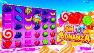 Promotional graphic for the MRATM88 "Sweet Bonanza" slot game, featuring a colorful candy world theme with lollipops, fruit, and sweet treats.