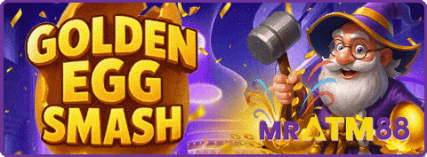 MRATM88 promotion graphic showing a golden egg being smashed to reveal free credit with no deposit required.
