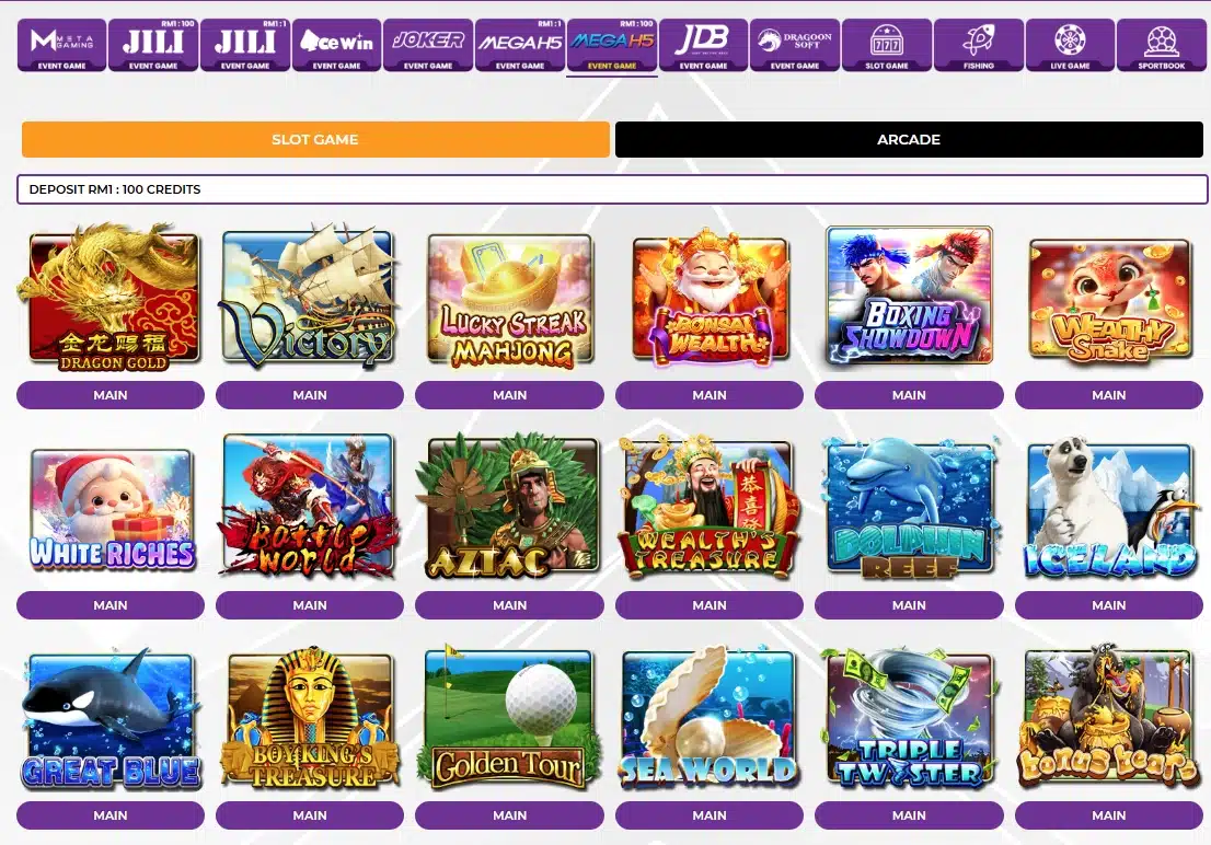 Screenshot of MrATM88 slot lobby featuring Mega888 games like Dragon Gold and Great Blue, accessible with Free Credit No Deposit Mega888.