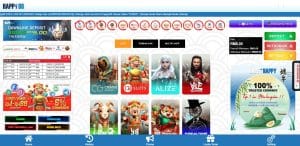 Screenshot of the Happy88 homepage, showing the game lobby and bonus offers for comparison with MRATM88.