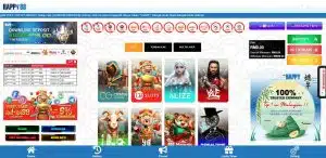 Screenshot of the Happy88 homepage, showing the game lobby and bonus offers for comparison with MRATM88.