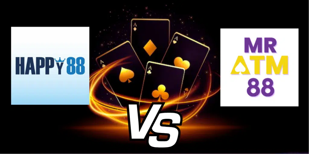 Featured image comparing Happy88 logo vs MRATM88 logo, focusing on superior payout speed.