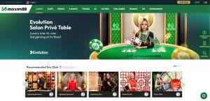 Maxim88 Evolution live casino featuring Salon Privé Table, compare this luxury selection with the RM1 minimum deposit and free credit link alternative.