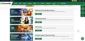 Maxim88 welcome bonus page showing 288% and 100% bonuses, suggesting high deposit requirement vs. the alternative RM1 minimum deposit and free credit link.