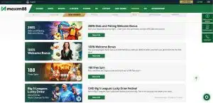 Maxim88 welcome bonus page showing 288% and 100% bonuses, suggesting high deposit requirement vs. the alternative RM1 minimum deposit and free credit link.