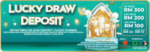 MRATM88 Lucky Draw Deposit promotion with top prizes of RM300, showing higher bonus potential compared to Happy88 offers.