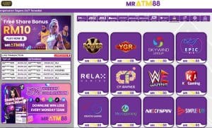 MRATM88 mobile app game lobby showing slot providers and Free Share Bonus RM10, demonstrating better mobile selection than Happy88.