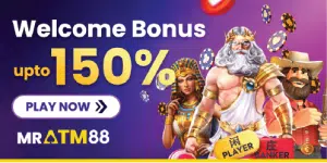 MRATM88 Welcome Bonus banner offering up to 150% credit, promoting the best value for new players vs happy88