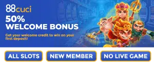 88cuci promotional banner offering a 50% Welcome Bonus for new members on all slot games, featuring Journey to the West characters like the Monkey King.