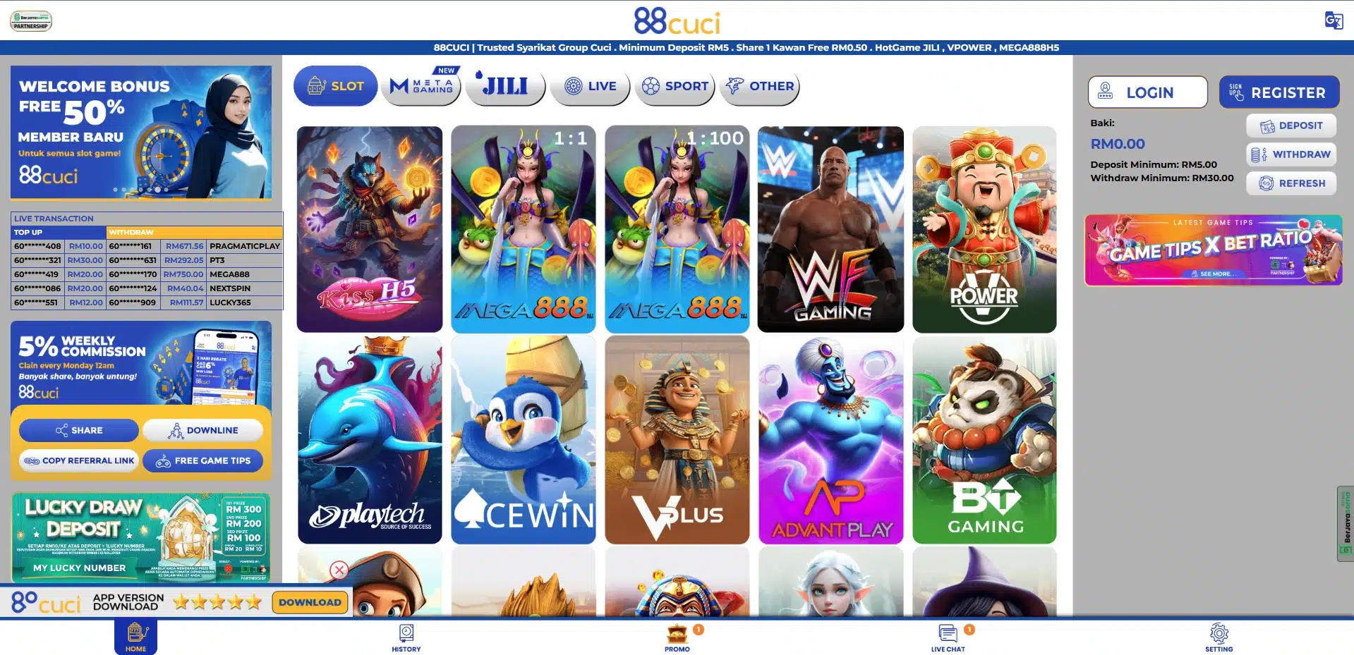 88cuci online casino homepage showing a "New Register Free RM6" promotion, various slot game providers like JILI and MEGA888, and live transaction tables.