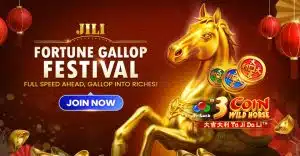 ILI Fortune Gallop Festival promotional banner featuring a golden horse, red lanterns, and the 3 Coin Wild Horse slot game logo, available for play at 88cuci.