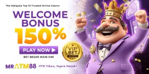 MRATM88 promotional banner featuring a 150% Welcome Bonus, a celebrating king character in a purple suit, and a gold "VIP Bet Accepted" badge for high rollers.