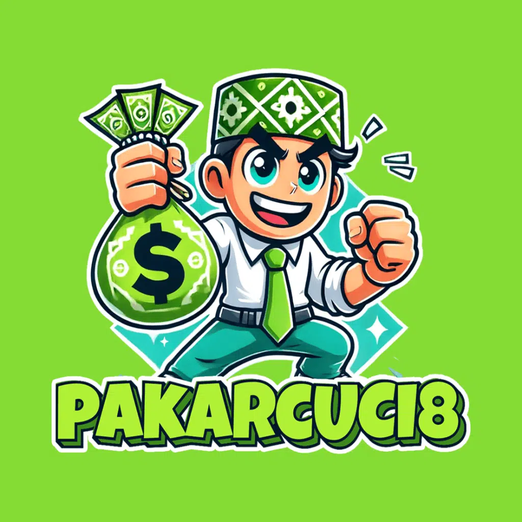 Official Pakarcuci8 logo featuring a cartoon mascot in a green outfit and songkok holding a money bag, representing the Slot Free Kredit platform.