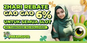 Pakarcuci8 promotional banner featuring a lady in green and a mascot, advertising "2 Hari Rebate Gao Gao 6%" for all slot games with text "No Turnover! No Rollover!".