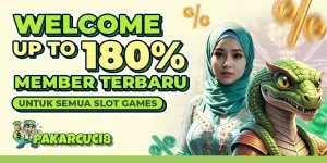 Pakarcuci8 promotional banner offering a "Welcome Up To 180%" bonus for new members, featuring a lady in green, a snake mascot, and the Pakarcuci8 logo.