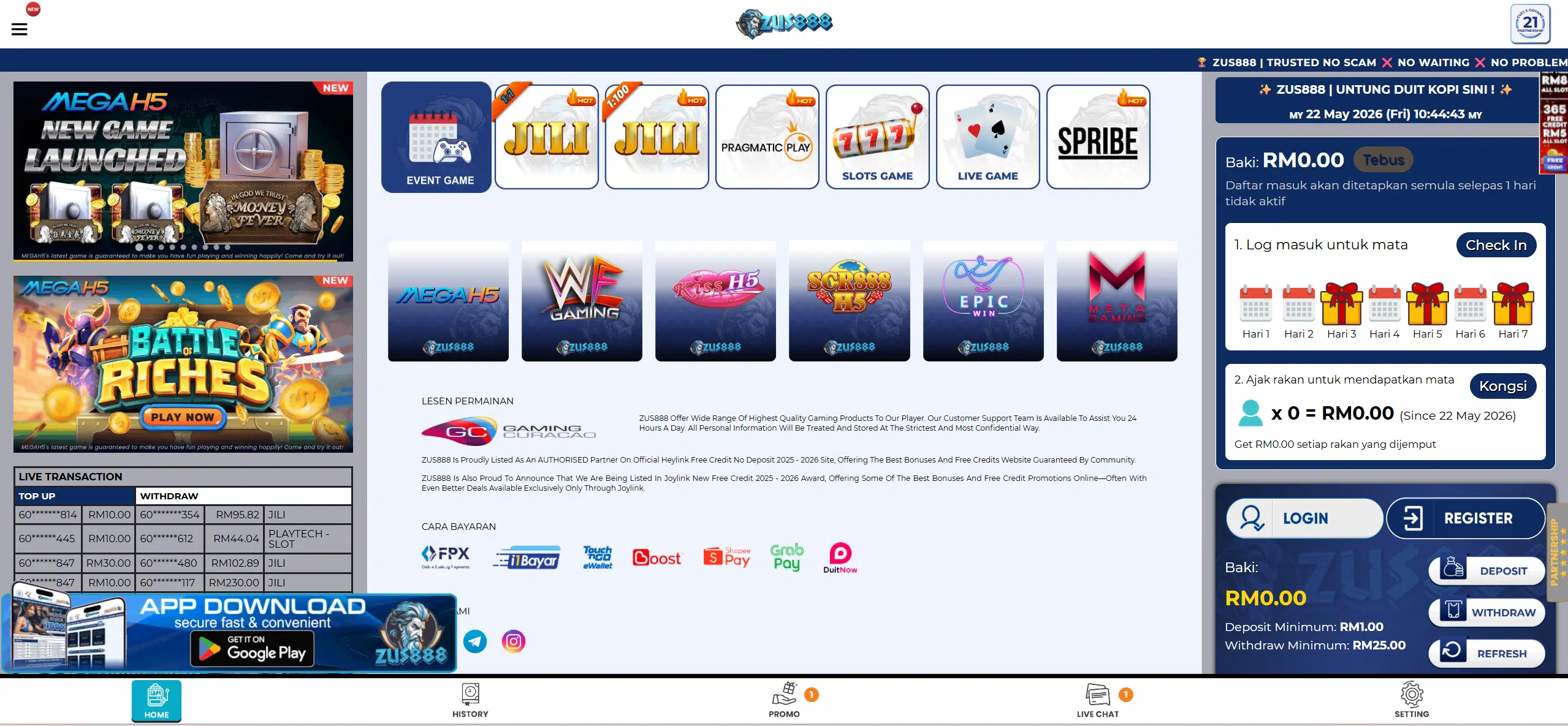 zus888 online casino homepage